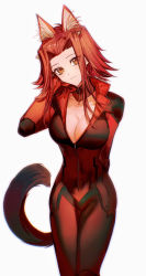 Rule 34 | 1girl, absurdres, animal ear fluff, animal ears, arm behind back, biker clothes, bikesuit, bodysuit, breasts, brown eyes, cleavage, closed mouth, cowboy shot, dog ears, dog tail, eyes visible through hair, head tilt, highres, izayoi aki, kemonomimi mode, large breasts, light smile, long hair, looking at viewer, naoki (2rzmcaizerails6), partially unzipped, red bodysuit, red hair, simple background, solo, standing, tail, white background, yu-gi-oh!, yu-gi-oh! 5d&#039;s