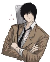 Rule 34 | 1boy, ^ ^, arm tattoo, black hair, black necktie, brown jacket, closed eyes, closed mouth, collared shirt, crossed arms, highres, jacket, long sleeves, male focus, nagumo (sakamoto days), neck tattoo, necktie, sakamoto days, shirt, short hair, simple background, smile, solo, sso s, tattoo, upper body, weapon case, white background, white shirt