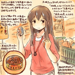 Rule 34 | 10s, 1girl, akagi (kancolle), brown eyes, brown hair, can, casual, dated, groceries, jewelry, kantai collection, kirisawa juuzou, long hair, necklace, numbered, official alternate costume, shopping, shopping cart, solo, sweatdrop, translation request, twitter username