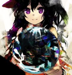 Rule 34 | 1girl, bare shoulders, black hair, cabbie hat, cd, closed mouth, commentary request, detached sleeves, flat cap, happy, hat, holding, kaigen 1025, label girl (dipp), long hair, long sleeves, looking at viewer, portal (object), purple eyes, red headwear, red skirt, side ponytail, skirt, smile, touhou, vest, white vest