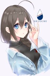 Rule 34 | 1girl, ahoge, alternate costume, aoyashio rin, blue eyes, blue shirt, braid, brown hair, buttons, character name, hair between eyes, highres, kantai collection, long hair, long sleeves, open clothes, open shirt, parted lips, shigure (kancolle), shirt, single braid, sleeveless, solo, upper body