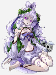 Rule 34 | 1girl, breasts, collarbone, colored eyelashes, crying, crying with eyes open, detached sleeves, duel monster, full body, grey background, highres, long hair, looking at viewer, medium breasts, navel, purple eyes, purple hair, sitting, skull, solo, tattoo, tears, traptrix cularia, very long hair, wariza, yu-gi-oh!, yukitaka (zzzzz)