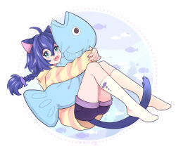Rule 34 | 1girl, :3, ahoge, animal ears, animal print, blue hair, braid, cat ears, cat girl, cat tail, fish hair ornament, fish print, full body, green eyes, hair ornament, holding, holding stuffed toy, hood, hoodie, kmy-3 (kumayu), long hair, long sleeves, open mouth, original, shorts, smile, socks, solo, striped clothes, striped hoodie, stuffed animal, stuffed fish, stuffed toy, tail