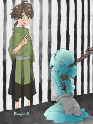 Rule 34 | 1boy, 1girl, bdsm, blue eyes, bondage, bound, cage, chain, slime girl, in cage, monster girl, n no hito, original, pointy ears, ponytail, restrained, sitting, twitter username, wariza