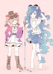 Rule 34 | 2girls, arm up, bare legs, barefoot, black hat, blue bow, blue eyes, blue hair, blue skirt, boots, bow, bowl, brown eyes, brown footwear, brown hair, debt, drawstring, dress, drill hair, eyewear on head, gradient hair, hair bow, hair ribbon, hand on own hip, hat, highres, holding, holding bowl, hood, hood down, hoodie, jacket, jewelry, long hair, microphone, miniskirt, multicolored hair, multiple girls, necklace, open clothes, open jacket, open mouth, purple jacket, red ribbon, ribbon, satomachi, short dress, short sleeves, siblings, sisters, skirt, sunglasses, sweatdrop, top hat, touhou, very long hair, wavy hair, white dress, wide sleeves, yorigami jo&#039;on, yorigami shion