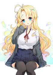 Rule 34 | 1girl, :o, antenna hair, arm support, bad id, bad pixiv id, black thighhighs, blonde hair, blue eyes, blue skirt, blush, breasts, cardigan, collared shirt, grey cardigan, hair ornament, hairclip, head tilt, large breasts, long hair, long sleeves, neck ribbon, off shoulder, original, parted bangs, parted lips, pleated skirt, red ribbon, ribbon, shirt, simple background, sitting, skirt, sleeves past wrists, solo, thighhighs, tp (kido 94), very long hair, white background, white shirt, x hair ornament