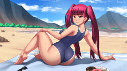 Rule 34 | 1girl, arm support, artist name, ass, ass focus, bare legs, bare shoulders, barefoot, beach, bleach, blue one-piece swimsuit, blue sky, breasts, cleavage, closed mouth, curvy, day, dokugamine riruka, doughnut, food, full body, highres, huge ass, lips, long hair, looking at viewer, looking back, medium breasts, naughty face, navel, one-piece swimsuit, pink eyes, pink hair, red eyes, rocky-ace, shiny skin, simple background, sitting, sky, smile, sunglasses, swimsuit, twintails, very long hair, water, wide hips
