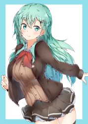 Rule 34 | 1girl, aqua eyes, aqua hair, big hair, blue border, blush, border, bow, bowtie, breasts, brown jacket, closed mouth, frilled skirt, frills, hair ornament, hairclip, halkawa501, highres, jacket, kantai collection, large breasts, long hair, long sleeves, looking at viewer, outside border, pleated skirt, red bow, red bowtie, remodel (kantai collection), shirt, sidelocks, simple background, skirt, smile, solo, striped clothes, striped skirt, suzuya (kancolle), upper body, white background, white shirt