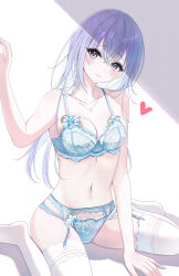 Rule 34 | 1girl, absurdres, blue bra, blue eyes, blue garter belt, blue hair, blue panties, blush, bra, breasts, cleavage, commentary request, cropped legs, hair between eyes, head tilt, heart, highres, idolmaster, idolmaster shiny colors, lace, lace-trimmed bra, lace-trimmed panties, lace trim, light blue hair, looking at viewer, medium breasts, navel, panties, sikimosh, simple background, smile, soles, solo, suzuki hana, underwear, underwear only, white background