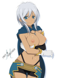 Rule 34 | 1girl, blue eyes, breasts, cape, dark skin, elbow gloves, gloves, grey hair, highres, jewelry, navel, necklace, ring, rondorine e. effenberg, smile, tales of (series), tales of phantasia, tales of phantasia: narikiri dungeon x
