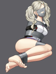Rule 34 | 10s, 1girl, arms behind back, barefoot, bdsm, blindfold, bondage, bound, bound arms, duct tape, feet, gag, gbeeee, improvised gag, long hair, looking at viewer, persona, persona 5, school uniform, shuujin academy school uniform, solo, sweat, takamaki anne, tape, tape bondage, tape gag, twintails