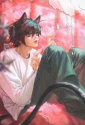 Rule 34 | 1boy, animal ears, bags under eyes, barefoot, black eyes, black hair, blue pants, blurry, blurry foreground, cat boy, cat ears, cat tail, death note, denim, foot out of frame, hair between eyes, highres, jeans, jnkku, kemonomimi mode, l (death note), long sleeves, looking up, male focus, messy hair, pants, pointing, shirt, short hair, sitting, solo, tail, twitter username, white shirt