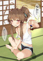 Rule 34 | 10s, 1girl, ahoge, alternate hairstyle, armpits, bad id, bad pixiv id, bare legs, barefoot, blush, breasts, brown hair, casual, collarbone, commentary request, dated, eyebrows, feet, folded ponytail, hair ornament, highres, holding, huge ahoge, indian style, indoors, kantai collection, kuma (kancolle), looking at viewer, messy hair, midriff, mitsuru (habihapi), nail polish, no bra, open mouth, pink eyes, shorts, sitting, small breasts, solo, strap slip, sweat, tank top, tatami, translation request, tsurime, twitter username, vial, wavy mouth