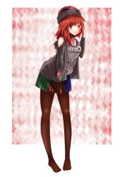Rule 34 | 1girl, adapted costume, bad id, bad twitter id, bare shoulders, blush, breasts, brown pantyhose, chain, cleavage, clothes writing, clothing cutout, collar, full body, grey shirt, hand in pocket, hecatia lapislazuli, highres, hood, hood down, hoodie, leaning forward, legs, long hair, long sleeves, looking at viewer, miniskirt, multicolored clothes, multicolored skirt, pantyhose, plaid, plaid skirt, poyosuke, red eyes, red hair, shirt, shoulder cutout, skirt, smile, solo, t-shirt, touhou