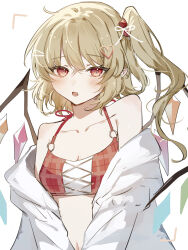 Rule 34 | 1girl, bare shoulders, blonde hair, crystal wings, flandre scarlet, hair ornament, highres, medium hair, off shoulder, open mouth, pointy ears, red eyes, shirt, side ponytail, solo, sorani (kaeru0768), spaghetti strap, swimsuit, touhou, upper body, white background, white shirt