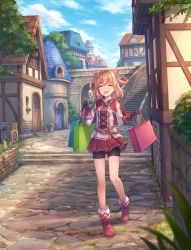 Rule 34 | 1girl, blush, closed eyes, coffee tart, cross-laced clothes, cross-laced top, highres, orange hair, princess connect!, rino (princess connect!), short shorts, shorts, smile, tagme, yellow eyes