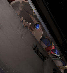 Rule 34 | 1girl, blood, blood on wall, blue eyes, blue jacket, brown hair, caution tape, chain, doorway, dutch angle, hair between eyes, hair ornament, handprint, highres, hololive, horror (theme), jacket, kase (kurimuzone oruta), keep out, looking at viewer, neck ribbon, open door, open mouth, pliers, red ribbon, ribbon, shirt, smile, solo, star (symbol), star hair ornament, tokino sora, tokino sora (1st costume), upper body, virtual youtuber, white shirt