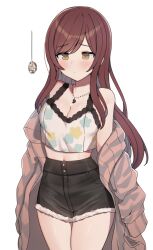 Rule 34 | 1girl, aa211108, bare shoulders, black shorts, blush, breasts, brown eyes, brown hair, cardigan, cleavage, collarbone, floral print, fur-trimmed shorts, fur trim, highres, idolmaster, idolmaster shiny colors, jewelry, long hair, medium breasts, navel, necklace, osaki amana, pendulum, red cardigan, red hair, shorts, swept bangs, thighs, yellow eyes