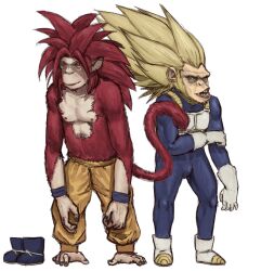 absurdres animal_ears artrextino blonde_hair blue_bodysuit bodysuit dragon_ball dragon_ball_daima gloves green_eyes highres monkey monkey_ears monkey_tail prehensile_toes red_eyes red_fur red_hair saiyan_armor son_goku spiked_hair super_saiyan super_saiyan_3 super_saiyan_4 tail vegeta white_gloves wristband