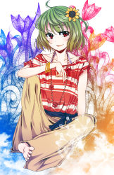 Rule 34 | 1girl, ahoge, alternate costume, arm rest, armband, bad id, bad pixiv id, barefoot, bead necklace, beads, blue sky, blush, bra strap, bracelet, brown pants, collarbone, eyes visible through hair, female focus, fingernails, floral background, flower, green hair, hair between eyes, hair flower, hair ornament, hakomonotown, highres, jewelry, kazami yuuka, looking at viewer, nail polish, necklace, orange sky, pants, plant, polka dot, rainbow order, raised eyebrow, red eyes, red nails, red shirt, shirt, short hair, short sleeves, sideways glance, silk, sitting, sky, smile, solo, spider web, striped clothes, striped shirt, toes, touhou, white background, wind