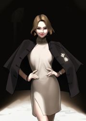 Rule 34 | 1girl, aconitea, black eyes, bracelet, brown hair, china dress, chinese clothes, dress, hands on own hips, jacket, jacket on shoulders, jewelry, lipstick, makeup, original, red lips, ring, smile, solo, translation request