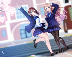 Rule 34 | 2girls, :d, arm up, ayase alisa, black footwear, black legwear, blazer, blue bow, blue eyes, blue jacket, blue skirt, blurry, blurry background, blush, bow, branch, breasts, brick wall, brown hair, building, collared shirt, commentary request, day, depth of field, diagonal stripes, flower, jacket, kosaka yukiho, light brown hair, loafers, long hair, long sleeves, love live!, love live! school idol project, mad (hazukiken), multiple girls, no socks, open clothes, open jacket, open mouth, outdoors, pantyhose, parted lips, pink flower, plaid, plaid skirt, pleated skirt, school uniform, shirt, shoes, skirt, small breasts, smile, stairs, standing, standing on one leg, striped, striped bow, swept bangs, very long hair, white shirt, window