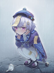 Rule 34 | 1girl, absurdres, arm support, bandaged arm, bandages, bird, blue shorts, braid, coin hair ornament, commentary request, genshin impact, hair between eyes, hair ornament, hat, head rest, highres, jiangshi, long hair, long sleeves, looking at viewer, low ponytail, ofuda, ofuda on clothes, ofuda on head, outdoors, purple eyes, purple hair, qingdai guanmao, qiqi (genshin impact), rain, shirt, shorts, sidelocks, single braid, solo, squatting, thighhighs, wet, wet clothes, wet shirt, white thighhighs, zx961219