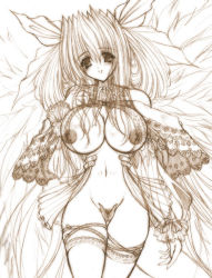 Rule 34 | 1girl, arc system works, areola slip, breasts, center opening, cleavage, curvy, dizzy (guilty gear), dress, female pubic hair, groin, guilty gear, hair ribbon, huge breasts, lace, lace-trimmed legwear, lace trim, long hair, maebari, monochrome, navel, nipples, no bra, nude, off shoulder, pleated skirt, pubic hair, ribbon, see-through, short dress, shujin, sketch, skirt, smile, solo, standing, thigh gap, thighhighs, turtleneck, twintails, wide hips, wings