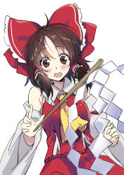 Rule 34 | 1girl, ascot, bare shoulders, bow, brown eyes, brown hair, commentary request, detached sleeves, gohei, hair bow, hair tubes, hakurei reimu, hanasaki mahiru, looking at viewer, open mouth, red bow, short hair, solo, touhou, wide sleeves, yellow ascot