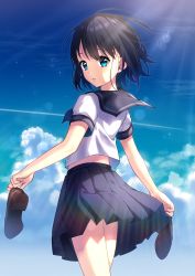 Rule 34 | 1girl, absurdres, bad id, bad pixiv id, black hair, blue eyes, blue neckwear, blue sailor collar, blue skirt, blue sky, blush, brown footwear, cloud, cloudy sky, commentary request, day, from behind, hair between eyes, highres, holding, holding clothes, holding footwear, ichiren namiro, loafers, looking at viewer, looking back, original, outdoors, parted lips, pleated skirt, sailor collar, school uniform, serafuku, shirt, shoes, unworn shoes, short sleeves, skirt, sky, solo, sunlight, white shirt