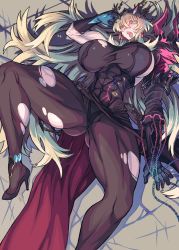 Rule 34 | 10den, 1girl, abs, asymmetrical clothes, asymmetrical gloves, black footwear, black panties, blonde hair, bodystocking, breasts, brick floor, chain, commission, barghest (fate), fate/grand order, fate (series), gloves, gluteal fold, heterochromia, high heels, horns, huge breasts, long hair, lying, muscular, muscular female, narrow waist, on back, open mouth, panties, skeb commission, thighs, torn clothes, underwear, uneven gloves, very long hair