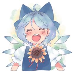Rule 34 | 1girl, :d, ^ ^, ahoge, bad id, bad twitter id, blue hair, blush, bow, cirno, closed eyes, commentary, closed eyes, facing viewer, flower, hair bow, hidden star in four seasons, ice, ice wings, open mouth, puffy short sleeves, puffy sleeves, round teeth, short hair, short sleeves, smile, solo, sunflower, tanned cirno, teeth, touhou, upper body, vanilla (miotanntann), wings