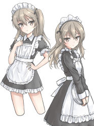 Rule 34 | 1girl, alternate costume, apron, blush, breasts, brown eyes, brown hair, closed mouth, commentary request, cropped legs, dress, enmaided, flipper, frilled apron, frilled dress, frills, girls und panzer, hair between eyes, hand on own hip, hand up, highres, holding, holding tray, long hair, long sleeves, looking at viewer, maid, maid apron, maid headdress, multiple views, one side up, puffy short sleeves, puffy sleeves, shimada arisu, short sleeves, simple background, small breasts, tray, white background