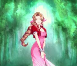 Rule 34 | 1girl, aerith gainsborough, bracelet, braid, braided ponytail, breasts, brown hair, chiru (sanifani), choker, cleavage, cropped jacket, curly hair, dress, final fantasy, final fantasy vii, forest, green eyes, hair ribbon, jacket, jewelry, long dress, medium breasts, nature, own hands together, parted bangs, pink dress, red jacket, ribbon, sidelocks, sleeping forest, solo, square enix, tree, upper body
