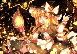 Rule 34 | 1girl, :d, blonde hair, bow, braid, broom, hair bow, hair ribbon, hat, kirisame marisa, long hair, looking at viewer, open mouth, ribbon, single braid, sketch, smile, solo, touhou, witch hat, yellow eyes, yetworldview kaze