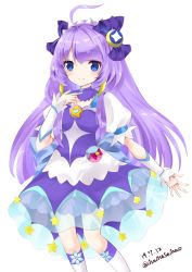 Rule 34 | 1girl, ahoge, bad id, bad pixiv id, blue eyes, bow, closed mouth, copyright request, dated, dress, hair bow, hair ornament, hand up, kneehighs, long hair, nanase nao, puffy short sleeves, puffy sleeves, purple bow, purple dress, purple hair, see-through, short sleeves, simple background, smile, socks, solo, twitter username, very long hair, white background, white socks