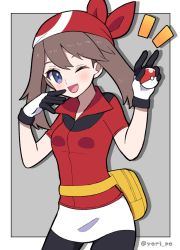 Rule 34 | 1girl, artist name, bag, bandana, black gloves, black legwear, blue eyes, blush, breasts, commentary request, cowboy shot, creatures (company), eyebrows hidden by hair, finger to mouth, game freak, gloves, grey background, highres, holding, holding poke ball, looking at viewer, may (pokemon), medium hair, multicolored clothes, multicolored gloves, nintendo, notice lines, one eye closed, open mouth, poke ball, pokemon, pokemon rse, red bandana, red shirt, shirt, short sleeves, simple background, smile, solo, tongue, twitter username, white gloves, yellow bag, yoriteruru