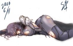 Rule 34 | 1girl, 2020, armor, blood, breasts, clip studio paint (medium), cuts, dated, defeat, defeat, fate/grand order, fate (series), graphite (medium), highres, injury, large breasts, long hair, lying, mechanical pencil, on side, pauldrons, pencil, purple hair, ryona, scathach (fate), shoulder armor, simple background, skin tight, solo, suga leon, torn clothes, traditional media, white background