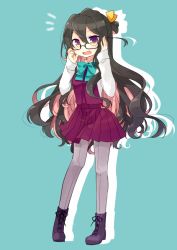 Rule 34 | 10s, 1girl, black-framed eyewear, black hair, blue background, blue bow, blue bowtie, boots, bow, bowtie, brown eyes, cross-laced footwear, dress, fang, glasses, grey pantyhose, kantai collection, lace-up boots, long hair, long sleeves, multicolored hair, naganami (kancolle), nagasioo, open mouth, pantyhose, pink hair, purple dress, purple footwear, shirt, simple background, sleeveless, sleeveless dress, smile, solo, white shirt