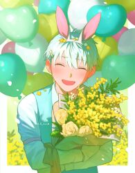 Rule 34 | 1boy, absurdres, animal ears, arm strap, balloon, blush, bouquet, closed eyes, crossed arms, flower, happy, highres, holding, holding bouquet, iyanhoho, male focus, open mouth, original, rabbit ears, rose, shirt, short hair, signature, smile, solo, upper body, white flower, white hair, white rose, yellow flower