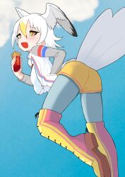 Rule 34 | 1girl, american herring gull (kemono friends) (runabourburnout), bird girl, bird tail, bird wings, blonde hair, blue pantyhose, blue stripes, blush, boots, borrowed character, food, french fries, grey sleeves, hair between eyes, hand in pocket, head wings, highres, illu (illu stratos), jacket, kemono friends, knee boots, long sleeves, looking at viewer, multicolored hair, open mouth, original, pantyhose, partially unzipped, pink footwear, red hair, red stripes, shirt, short shorts, shorts, sidelocks, solo, tail, two-tone footwear, white hair, white jacket, white shirt, wings, yellow eyes, yellow footwear, yellow shorts