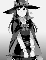 Rule 34 | 1girl, animal ears, asashio (kancolle), asashio kai ni (kancolle), banned artist, blush, bow, cape, dress, fake animal ears, greyscale, halloween costume, hat, holding, kantai collection, long hair, long sleeves, looking at viewer, makio (makiomeigenbot), monochrome, official alternate costume, pinafore dress, shirt, simple background, sleeveless dress, smile, solo, star (symbol), witch hat