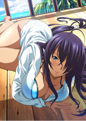 Rule 34 | 1girl, bare legs, barefoot, bikini, bikini under clothes, blue bikini, breasts, cleavage, closed mouth, cloud, collarbone, day, grey eyes, hair over one eye, hood, hood down, hooded jacket, ikkitousen, jacket, kan&#039;u unchou, large breasts, long hair, long sleeves, looking at viewer, lying, ocean, open clothes, open jacket, outdoors, purple hair, smile, solo, straight hair, summer, swimsuit, unzipped, very long hair, white jacket, wooden floor