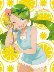 Rule 34 | 10s, 1girl, creatures (company), flower, food, fruit, game freak, green eyes, green hair, hair flower, hair ornament, hairband, holding, ladle, lemon, long hair, looking at viewer, mallow (pokemon), matching hair/eyes, nintendo, one eye closed, open mouth, overalls, pokemon, pokemon sm, smile, solo, trial captain, twintails, v, wink