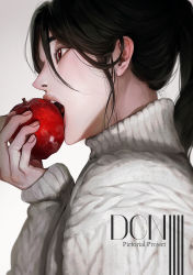 Rule 34 | 1boy, apple, aran sweater, biting, black hair, cable knit, commentary, copyright request, duckchuni, eating, english text, eyelashes, fingernails, food, from side, fruit, grey background, hair between eyes, hand up, highres, holding, holding food, holding fruit, lips, long hair, long sleeves, looking away, male focus, messy hair, open mouth, ponytail, profile, red eyes, sidelocks, solo, sweater, symbol-only commentary, teeth, tongue, turtleneck, turtleneck sweater, upper body, white sweater
