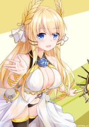 Rule 34 | 1girl, absurdres, artist name, azur lane, black panties, black thighhighs, blonde hair, blue eyes, blush, breasts, chain, cleavage, commentary request, cowboy shot, flower ornament, hair ornament, hair ribbon, highres, holding, holding staff, large breasts, laurel crown, long hair, outstretched hand, panties, ribbon, rigging, simple background, solo, staff, standing, thighhighs, turret, underwear, veil, very long hair, victorious (azur lane), watchdog rol (y1104280730), wrist ribbon