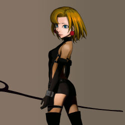 Rule 34 | 1girl, bare back, bare shoulders, blonde hair, blue eyes, boots, earrings, elbow gloves, elenab, from side, gloves, halterneck, highres, jewelry, junketsu no maria, looking at viewer, maria (junketsu no maria), short hair, solo, staff, thigh boots, thigh strap, thighhighs, wrist cuffs