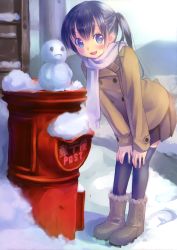 Rule 34 | 1girl, absurdres, black hair, black thighhighs, blue eyes, blush, boots, coat, hands on own knees, highres, japanese postal mark, leaning forward, long hair, looking at viewer, open mouth, original, postbox, scan, scarf, skirt, smile, snow, snowman, solo, takoyaki (roast), thighhighs, twintails, zettai ryouiki