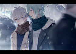 Rule 34 | 3boys, aiue o eiua, black jacket, blue eyes, blue hair, blue jacket, blue scarf, blue shirt, blurry, blurry background, blurry foreground, brown jacket, brown scarf, commentary request, highres, holding, holding umbrella, hood, hooded jacket, idolish7, jacket, letterboxed, light blue hair, light frown, long sleeves, looking at another, male focus, mezzo&quot;, multiple boys, open mouth, osaka sougo, parted lips, plaid, plaid scarf, purple eyes, purple hair, scarf, shared umbrella, shirt, short hair, smile, umbrella, upper body, white shirt, yotsuba tamaki