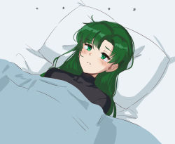 Rule 34 | 1girl, asymmetrical bangs, black sweater, blanket, blush, breasts, fire emblem, fire emblem: the blazing blade, frown, green eyes, green hair, highres, large breasts, long hair, lying, lyn (fire emblem), nintendo, on back, ormille, pillow, ponytail, ribbed sweater, sweater, tearing up, turtleneck, turtleneck sweater